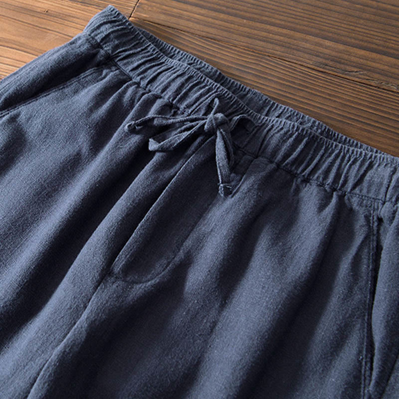 Buddha Stones Casual Solid Color Simple Design Drawstring Ramie Linen Men's Pants With Pockets - image 21