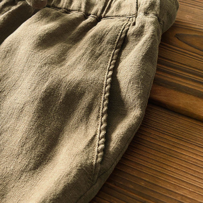 Buddha Stones Casual Solid Color Simple Design Drawstring Ramie Linen Men's Pants With Pockets - image 31