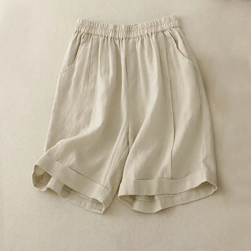 Buddha Stones Casual Solid Color Women's Cotton Shorts With Pockets - Linen - US12，UK/AU16，EU44 (4XL) - image 7
