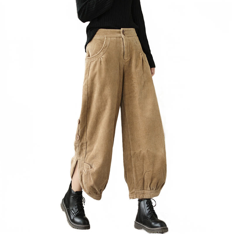 Buddha Stones Casual Buttons Leg Opening Design Women's Corduroy Pants With Pockets - image 8