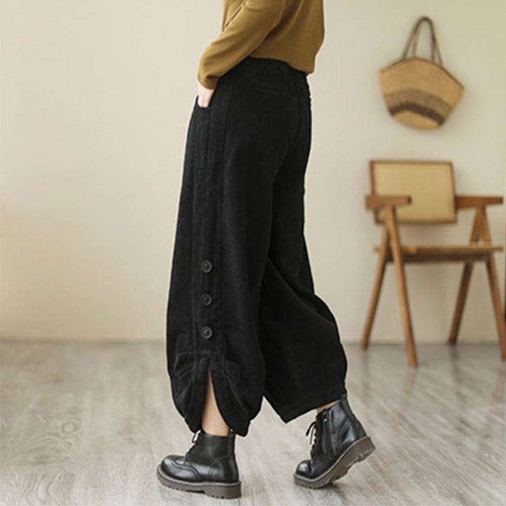 Buddha Stones Casual Buttons Leg Opening Design Women's Cotton Corduroy Pants With Pockets - image 10