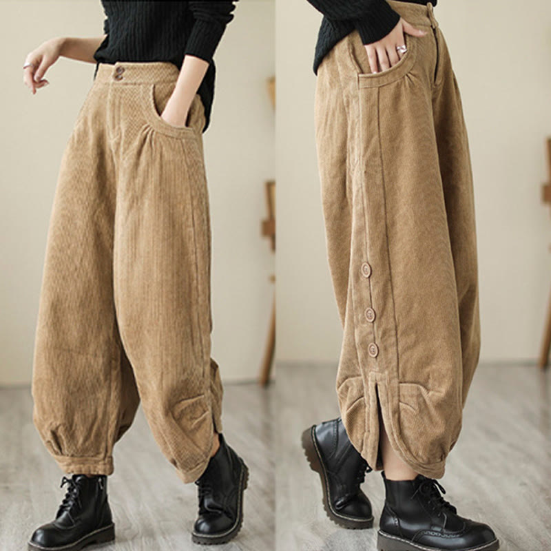 Buddha Stones Casual Buttons Leg Opening Design Women's Cotton Corduroy Pants With Pockets - image 4