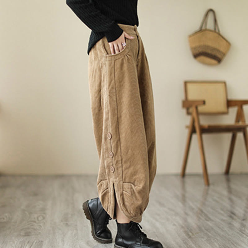 Buddha Stones Casual Buttons Leg Opening Design Women's Corduroy Pants With Pockets - image 3