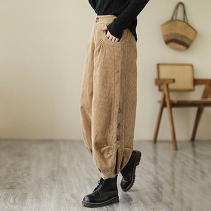 Buddha Stones Casual Buttons Leg Opening Design Women's Corduroy Pants With Pockets - image 1