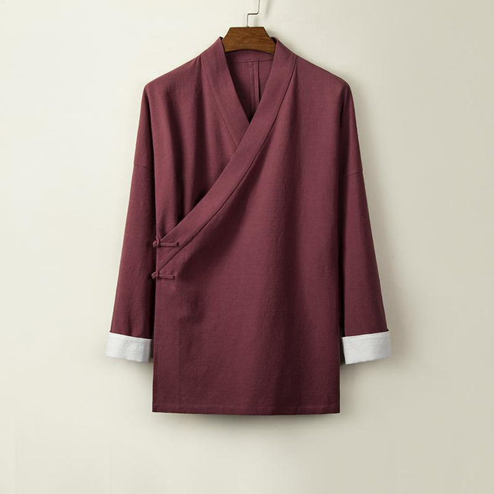 Buddha Stones Chinese Frog-Buttons Long Sleeve Design Open Front Jacket Men's Cotton Linen Kimono - DarkRed - US/UK/AU44，EU54 (4XL) - image 4