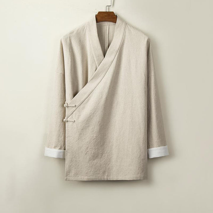 Buddha Stones Chinese Frog-Buttons Long Sleeve Design Open Front Jacket Men's Cotton Linen Kimono - Beige - US/UK/AU44，EU54 (4XL) - image 0