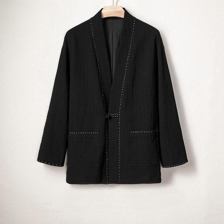Buddha Stones Men's Plain Pleats Frog-Button Open Front Jacket Cotton Linen Long Sleeve Kimono - Black - US/UK/AU48，EU58 (4XL) - image 7