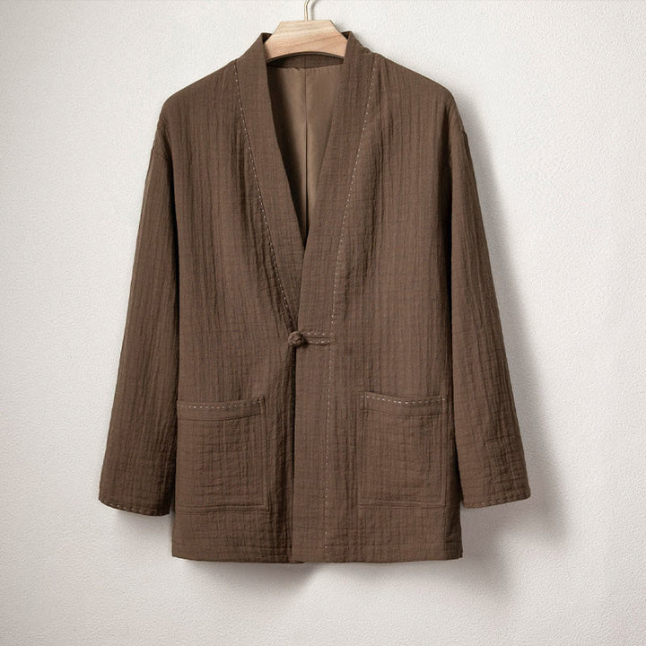 Buddha Stones Men's Plain Pleats Frog-Button Open Front Jacket Cotton Linen Long Sleeve Kimono - SaddleBrown - US/UK/AU48，EU58 (4XL) - image 1