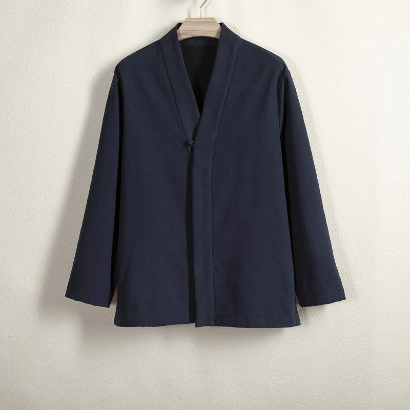 Buddha Stones Men's Long Sleeve Frog-Button Open Front Fleece-Lined Cotton Linen Jacket Kimono - MidnightBlue - US/UK/AU44，EU54 (4XL) - image 1