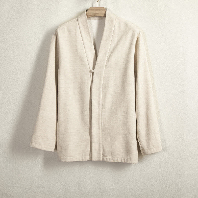 Buddha Stones Men's Long Sleeve Frog-Button Open Front Fleece-Lined Cotton Linen Jacket Kimono - Beige - US/UK/AU44，EU54 (4XL) - image 8