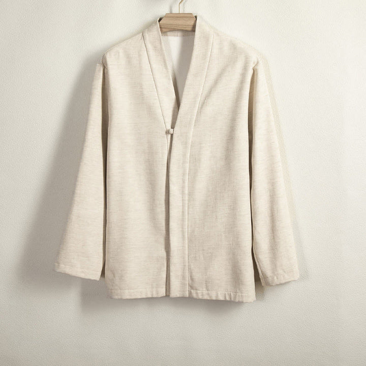 Buddha Stones Men's Long Sleeve Frog-Button Open Front Fleece-Lined Cotton Linen Jacket Kimono - Beige - US/UK/AU44，EU54 (4XL) - image 8