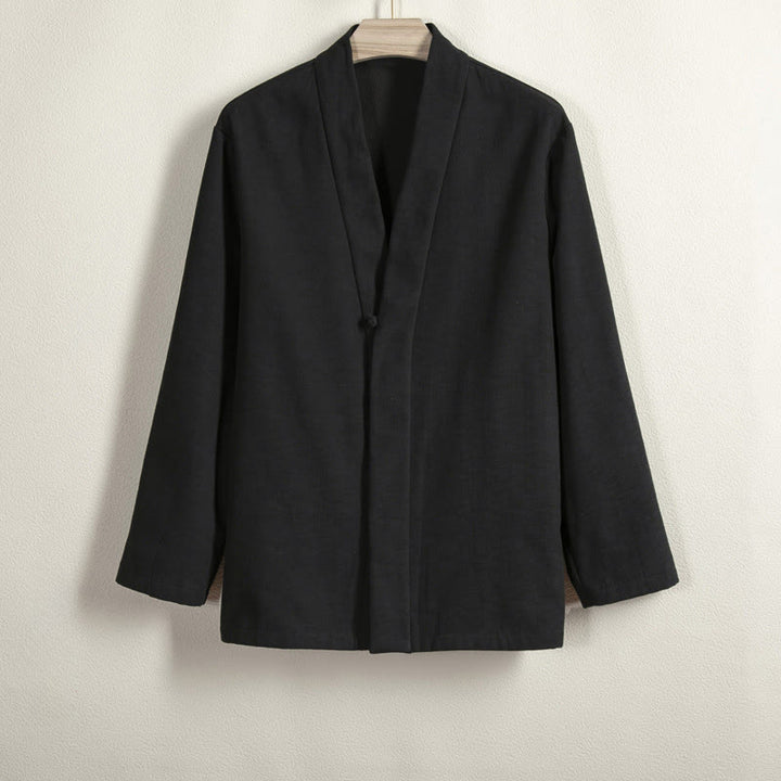 Buddha Stones Men's Long Sleeve Frog-Button Open Front Fleece-Lined Cotton Linen Jacket Kimono - Black - US/UK/AU44，EU54 (4XL) - image 10