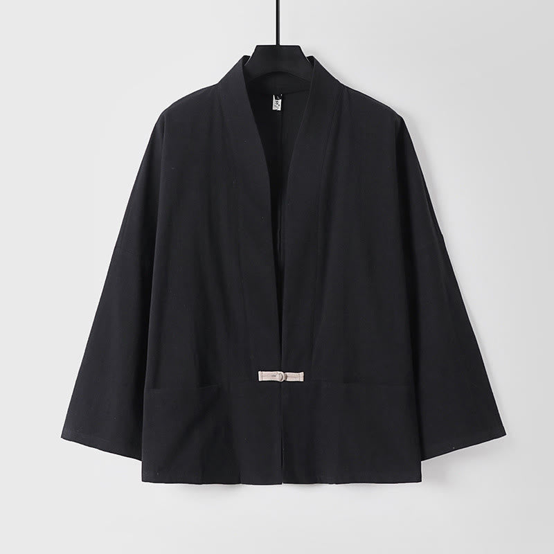 Buddha Stones Long Sleeve Buttons Design Men's Open Front Cotton Linen Jacket Kimono With Pockets - Black - US/UK/AU54，EU64 (9XL) - image 3