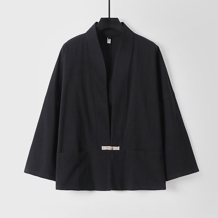Buddha Stones Long Sleeve Buttons Design Men's Open Front Cotton Linen Jacket Kimono With Pockets - Black - US/UK/AU54，EU64 (9XL) - image 3