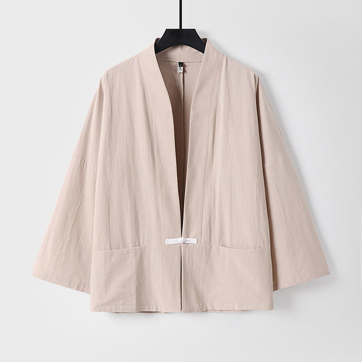 Buddha Stones Long Sleeve Buttons Design Men's Open Front Cotton Linen Jacket Kimono With Pockets - BlanchedAlmond - US/UK/AU54，EU64 (9XL) - image 4