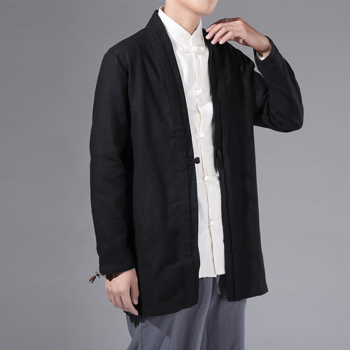 Buddha Stones Plain Simple Design Open Front Cotton Linen Men's Long Sleeve Jacket Kimono - Black - US/UK/AU42，EU52 (3XL) - image 12