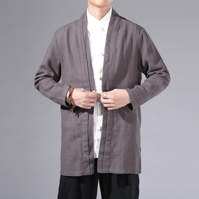 Buddha Stones Plain Simple Design Open Front Cotton Linen Men's Long Sleeve Jacket Kimono - DimGray - US/UK/AU42，EU52 (3XL) - image 29