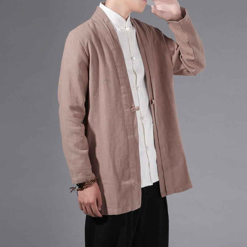 Buddha Stones Plain Simple Design Open Front Cotton Linen Men's Long Sleeve Jacket Kimono - Wheat - US/UK/AU42，EU52 (3XL) - image 21
