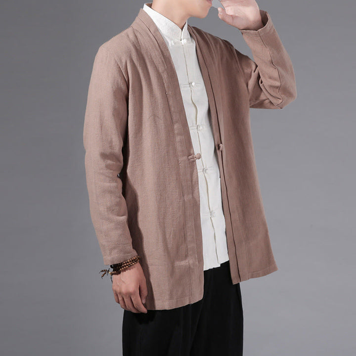 Buddha Stones Plain Simple Design Open Front Cotton Linen Men's Long Sleeve Jacket Kimono - Wheat - US/UK/AU42，EU52 (3XL) - image 21