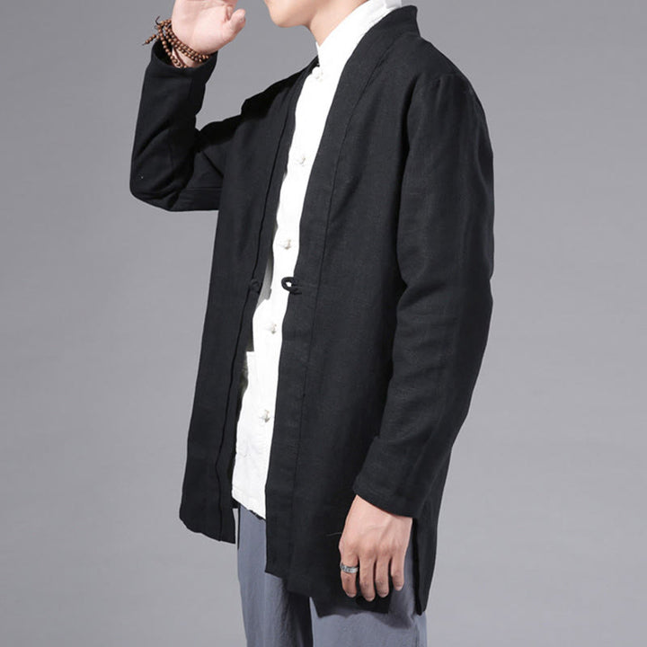 Buddha Stones Plain Simple Design Open Front Cotton Linen Men's Long Sleeve Jacket Kimono - image 13