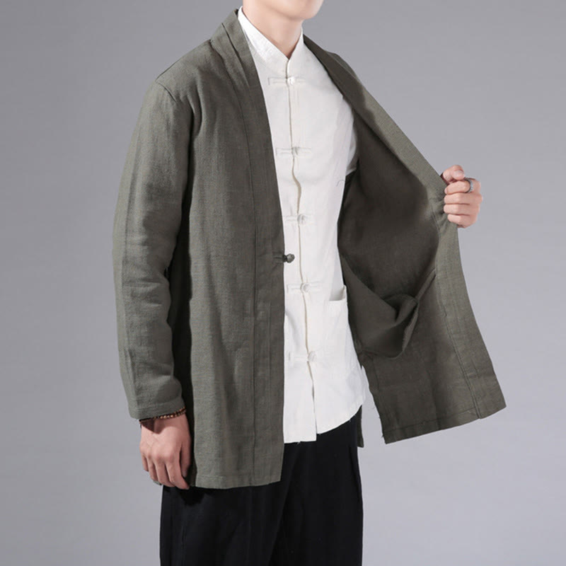 Buddha Stones Plain Simple Design Open Front Cotton Linen Men's Long Sleeve Jacket Kimono - image 6