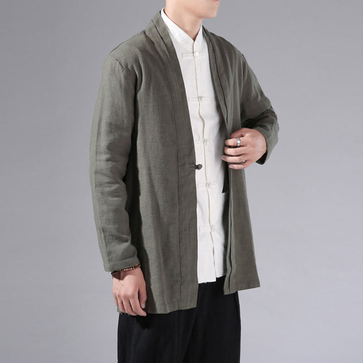 Buddha Stones Plain Simple Design Open Front Cotton Linen Men's Long Sleeve Jacket Kimono - image 5