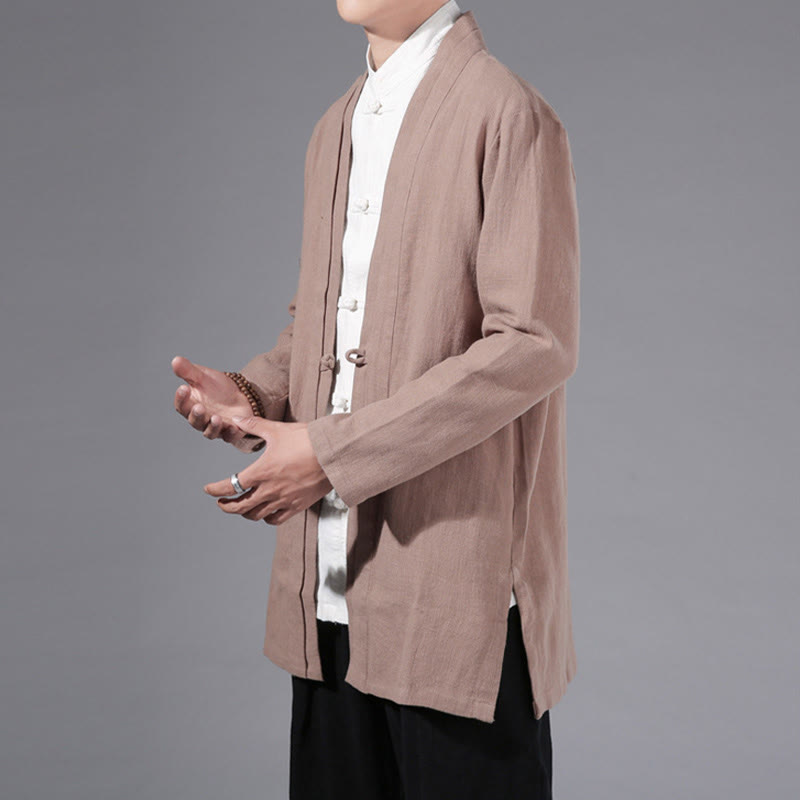 Buddha Stones Plain Simple Design Open Front Cotton Linen Men's Long Sleeve Jacket Kimono - image 26