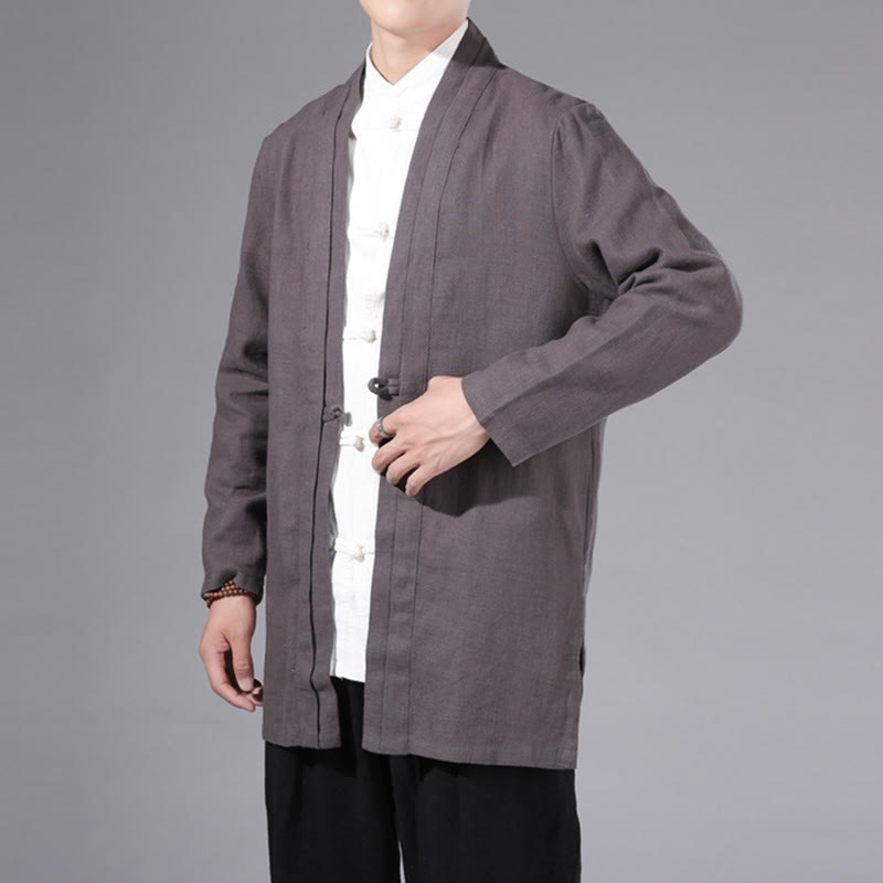 Buddha Stones Plain Simple Design Open Front Cotton Linen Men's Long Sleeve Jacket Kimono - image 32