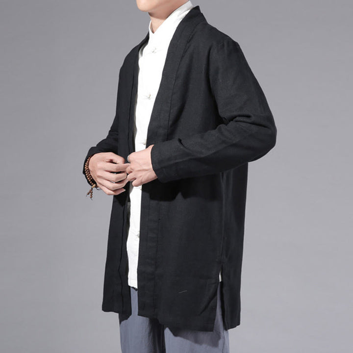 Buddha Stones Plain Simple Design Open Front Cotton Linen Men's Long Sleeve Jacket Kimono - image 13