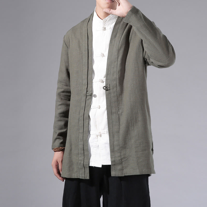 Buddha Stones Plain Simple Design Open Front Cotton Linen Men's Long Sleeve Jacket Kimono - image 2