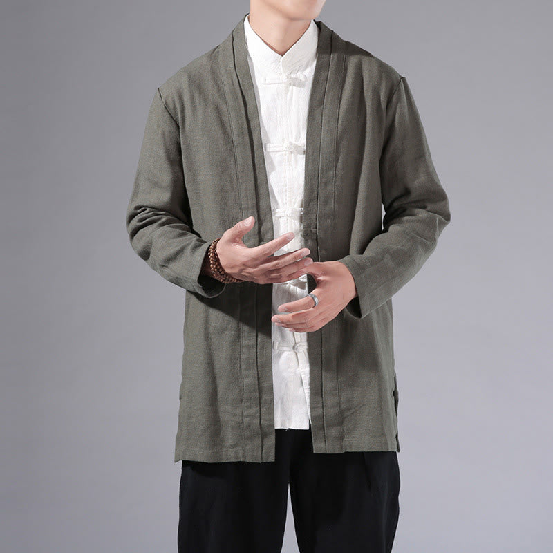 Buddha Stones Plain Simple Design Open Front Cotton Linen Men's Long Sleeve Jacket Kimono - DarkSeaGreen - US/UK/AU42，EU52 (3XL) - image 1