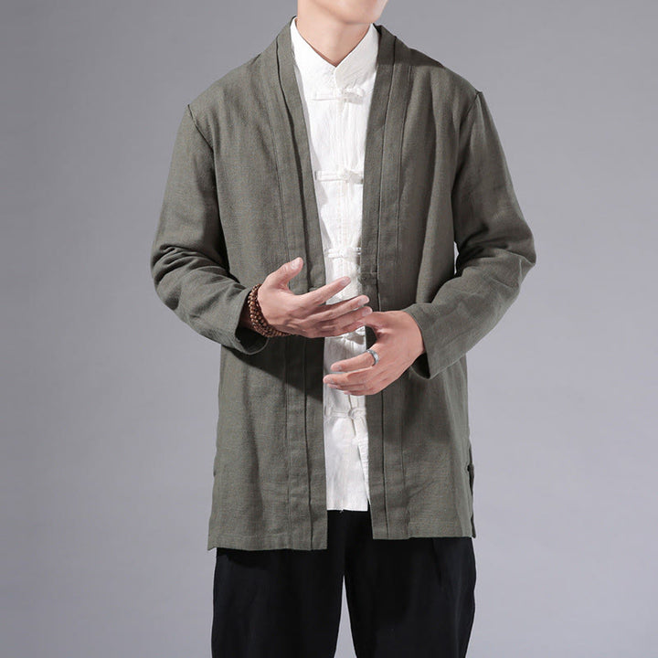 Buddha Stones Plain Simple Design Open Front Cotton Linen Men's Long Sleeve Jacket Kimono - DarkSeaGreen - US/UK/AU42，EU52 (3XL) - image 1