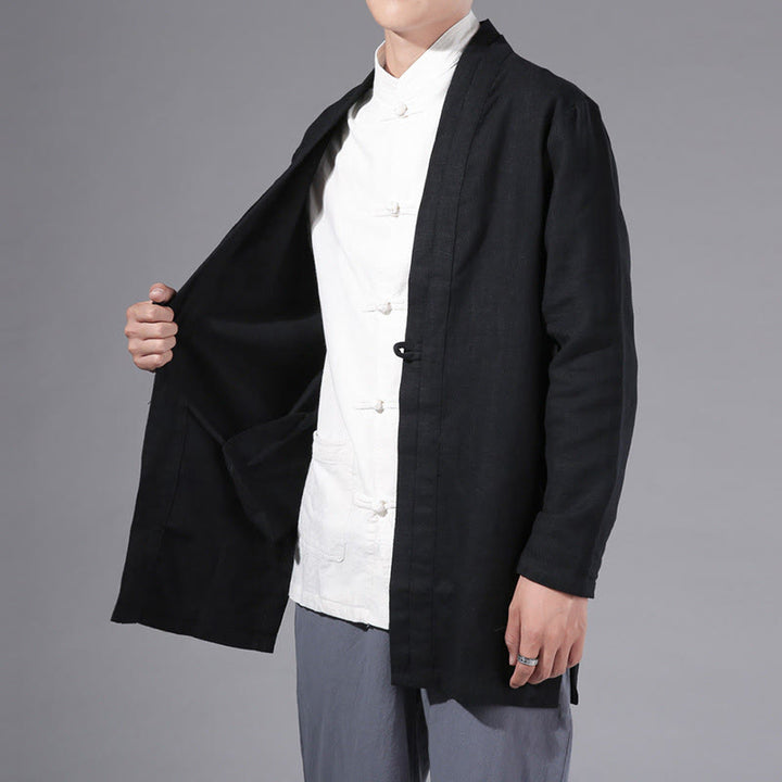 Buddha Stones Plain Simple Design Open Front Cotton Linen Men's Long Sleeve Jacket Kimono - image 18