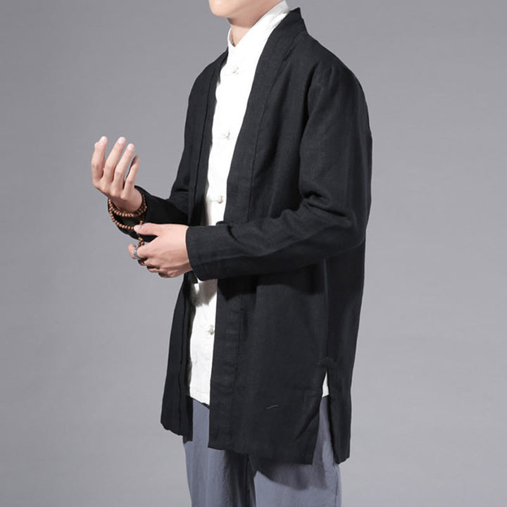 Buddha Stones Plain Simple Design Open Front Cotton Linen Men's Long Sleeve Jacket Kimono - image 17