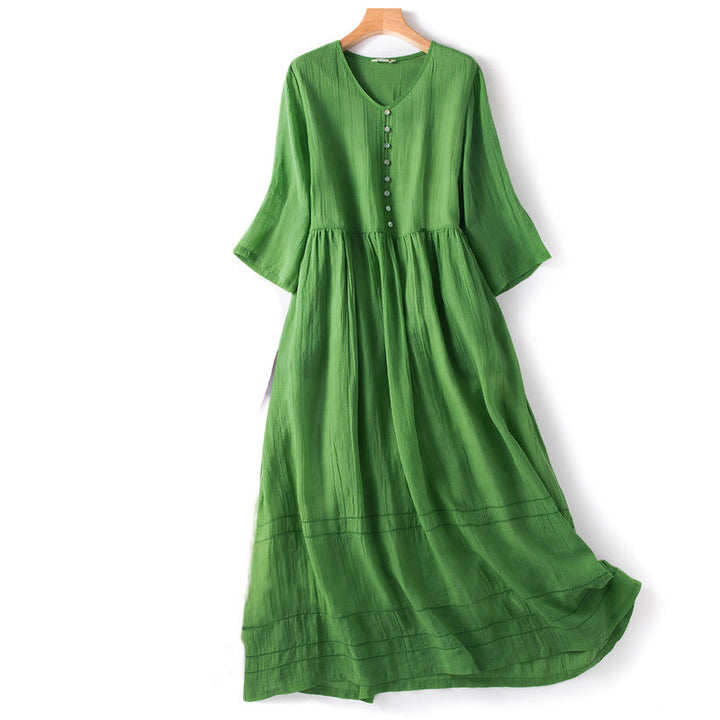 Buddha Stones Summer V-Neck Design Half Sleeve Cotton Midi Dress - Green - US14，UK/AU18，EU46 (2XL) - image 0