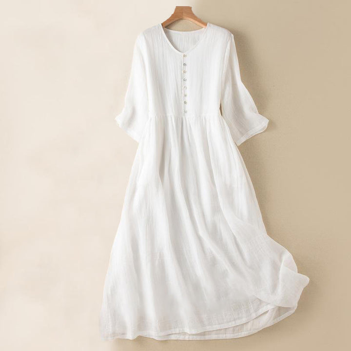 Buddha Stones Summer V-Neck Design Half Sleeve Cotton Midi Dress - White - US14，UK/AU18，EU46 (2XL) - image 16