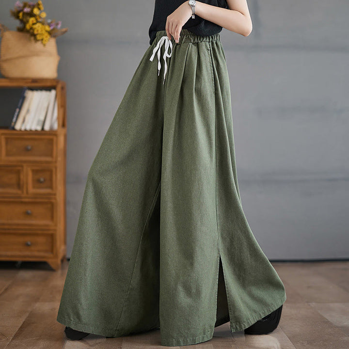Buddha Stones Retro Leg Opening Slit Design Women's Wide Leg Pants With Pockets - OliveDrab - US12，UK/AU16，EU44 (3XL) - image 5