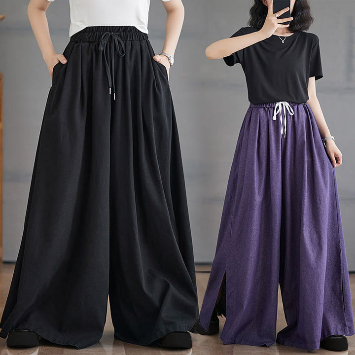 Buddha Stones Retro Leg Opening Slit Design Women's Wide Leg Pants With Pockets - image 23