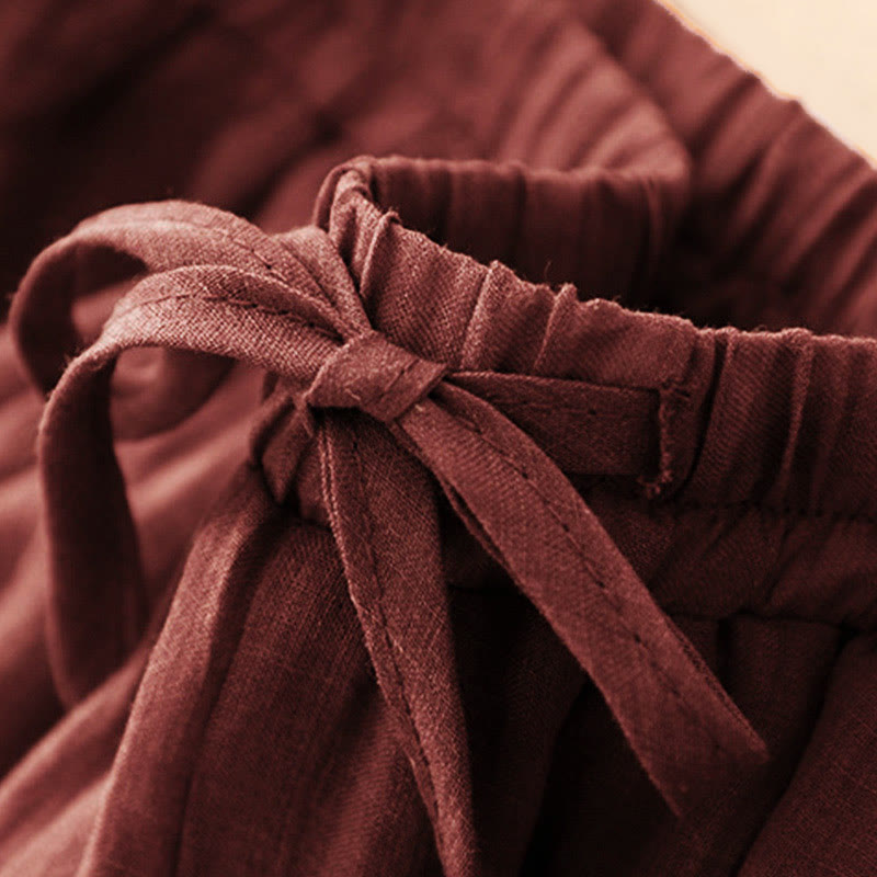 Buddha Stones Spring Pure Color Drawstring Double Layer Women's Wide Leg Pants With Pockets - image 1