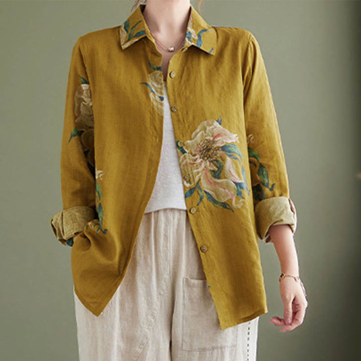 Buddha Stones Literary Artistic Flower Print Cotton Clothing - DarkGoldenrod - US8-10，UK/AU12-14，EU40-42 (2XL) - image 0