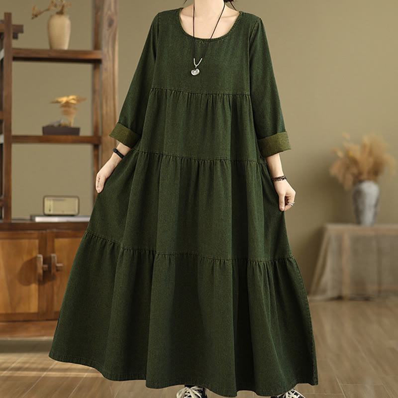 Buddha Stones DarkOliveGreen Patchwork Long Sleeve Design Cotton Women's Maxi Dress With Pockets - image 2