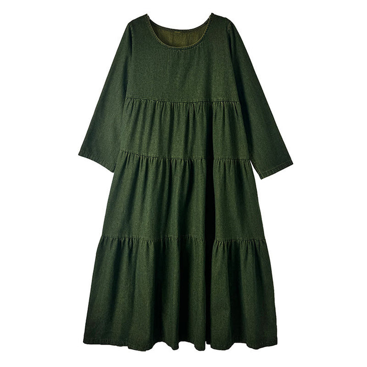 Buddha Stones DarkOliveGreen Patchwork Long Sleeve Design Cotton Women's Maxi Dress With Pockets - image 13