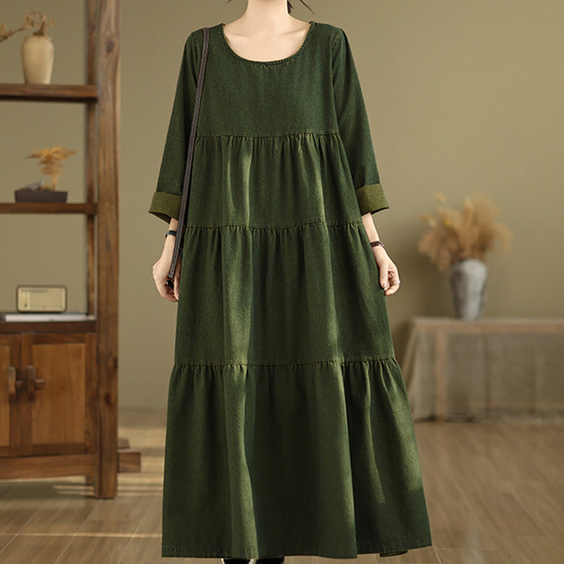 Buddha Stones DarkOliveGreen Patchwork Long Sleeve Design Cotton Women's Maxi Dress With Pockets - image 5