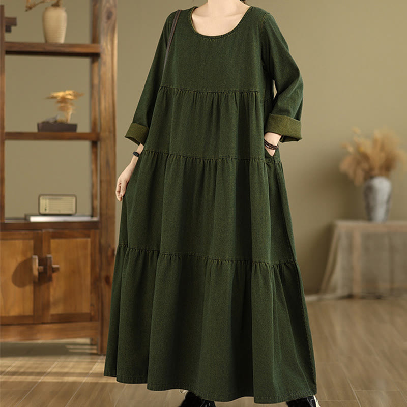 Buddha Stones DarkOliveGreen Patchwork Long Sleeve Design Cotton Women's Maxi Dress With Pockets - image 3