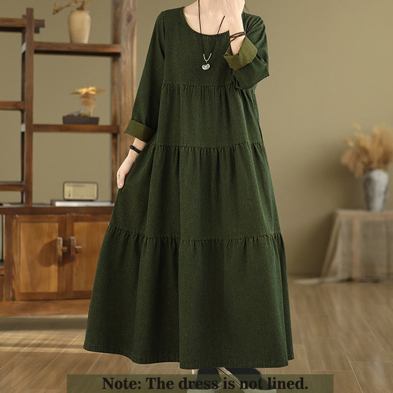 Buddha Stones DarkOliveGreen Patchwork Long Sleeve Design Cotton Women's Maxi Dress With Pockets - image 1