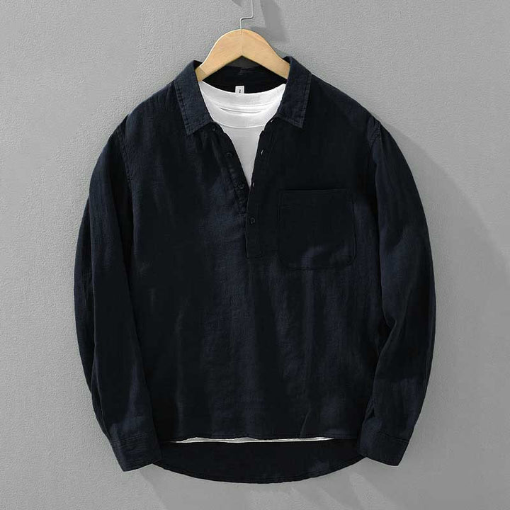 Buddha Stones Solid Color Loose Long Sleeve Half Button Shirt Linen Men Clothing - DarkBlue - US/UK/AU42，EU52 (3XL) - image 8