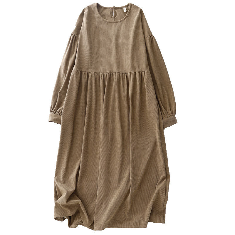 Buddha Stones Tan Solid Color Cotton Linen Corduroy Puff Long Sleeve Midi Dress - image 16