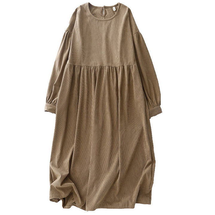 Buddha Stones Tan Solid Color Cotton Linen Corduroy Puff Long Sleeve Midi Dress - image 16