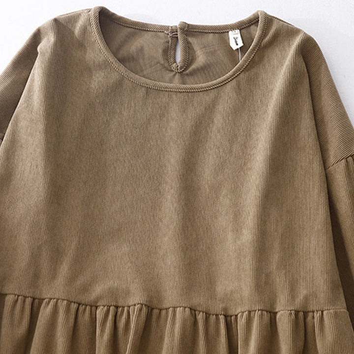 Buddha Stones Tan Solid Color Cotton Linen Corduroy Puff Long Sleeve Midi Dress - image 3