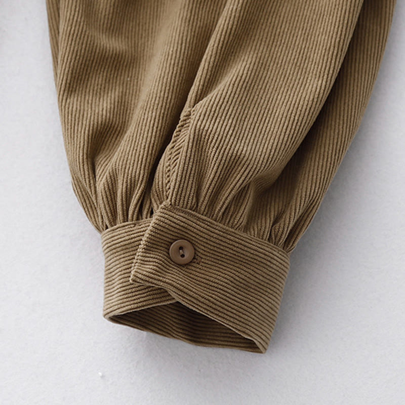 Buddha Stones Tan Solid Color Cotton Linen Corduroy Puff Long Sleeve Midi Dress - image 9
